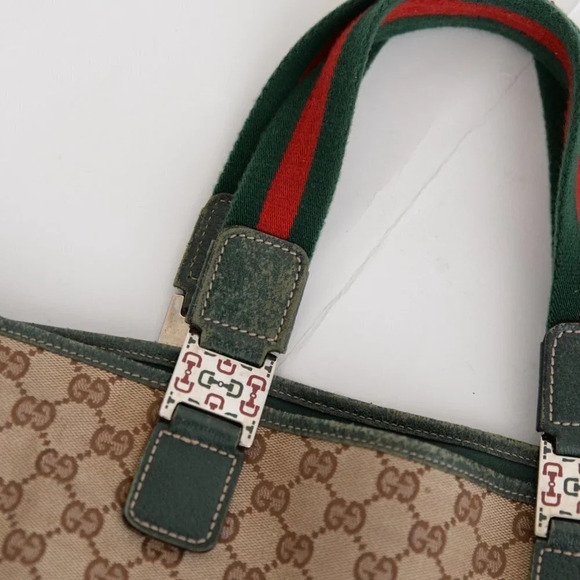 GUCCI Beige & Green GG Sherry Canvas Web Handle Tote Purse Bag - Picture 11 of 17